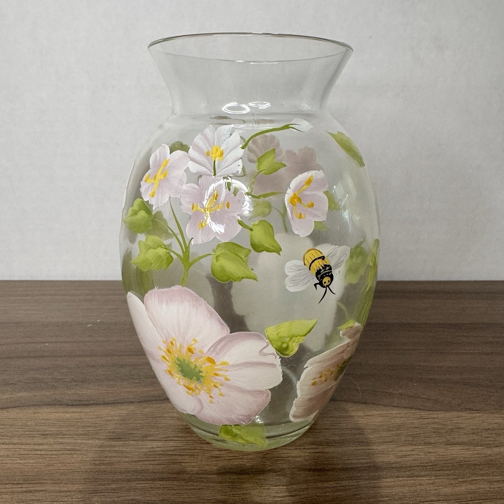 Teleflora Gift Hand Painted Bees With Dogwood Flowers 6" Glass Vase